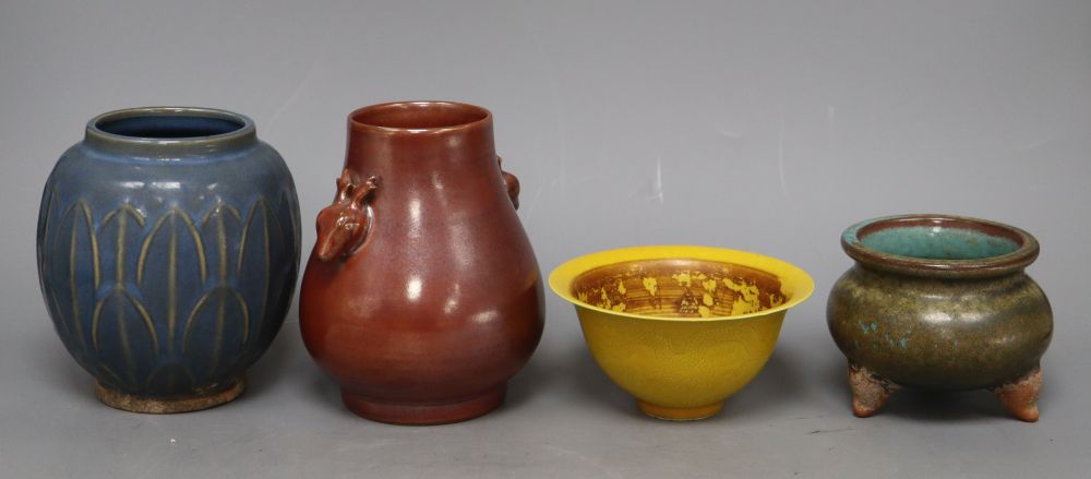 A Chinese Jun type jar, a similar censer, a hu vase and a yellow glazed bowl